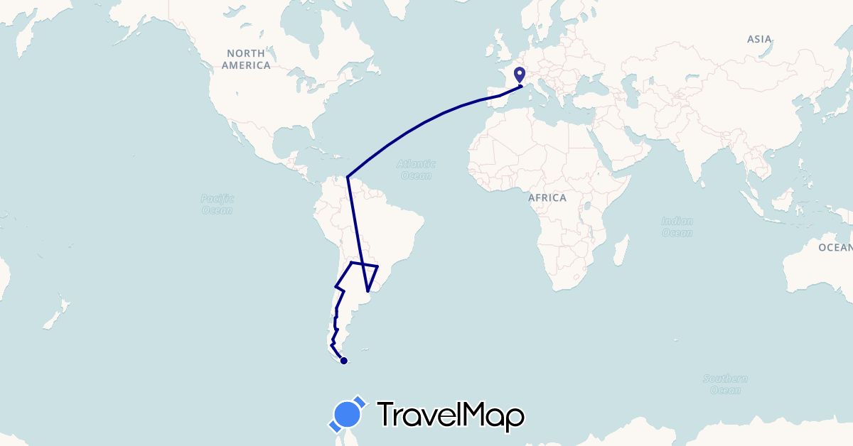 TravelMap itinerary: driving in Argentina, Chile, Spain, France, Venezuela (Europe, South America)